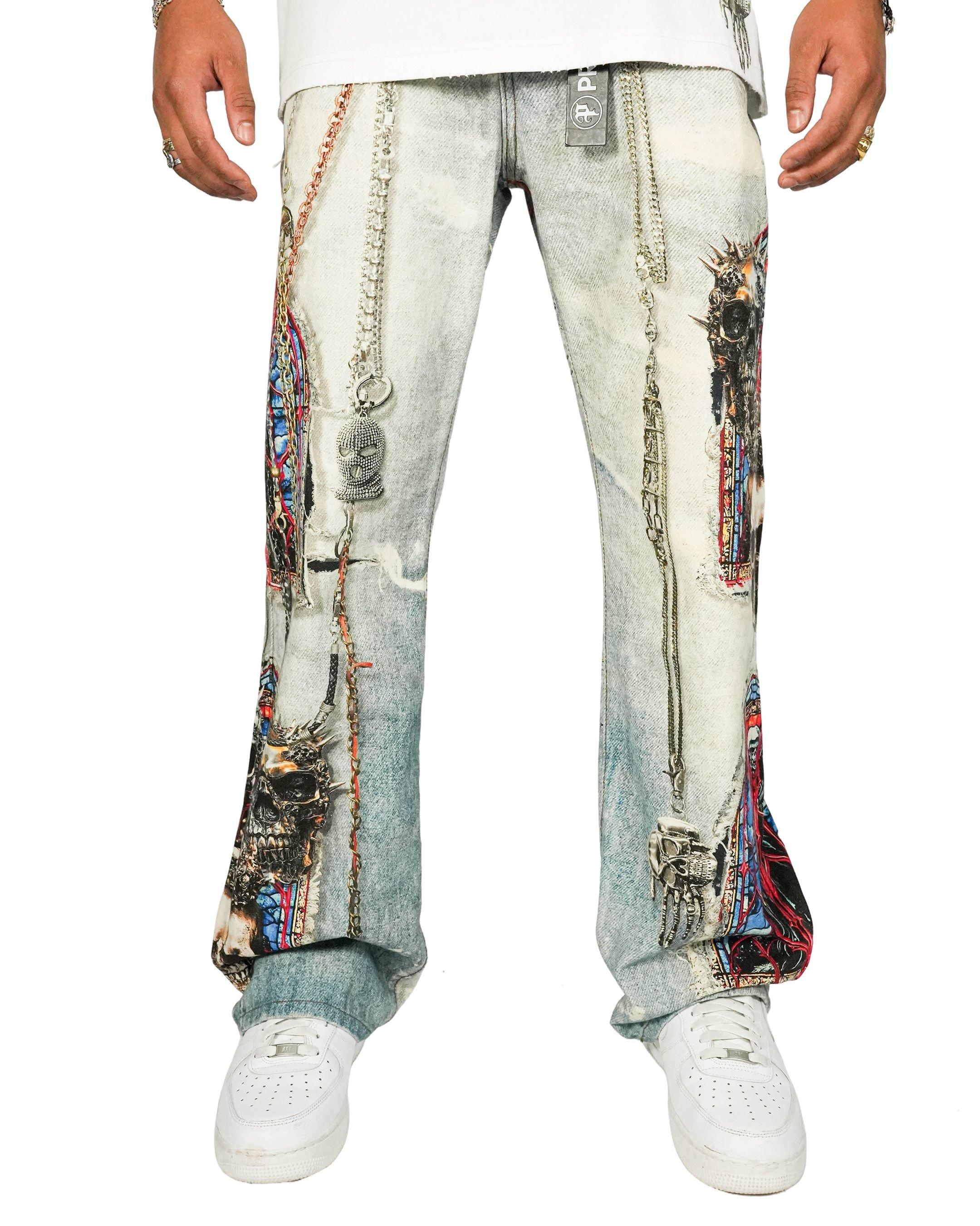 Preme Men's Canvas Print Stain Glass Chain Pants - Indigo